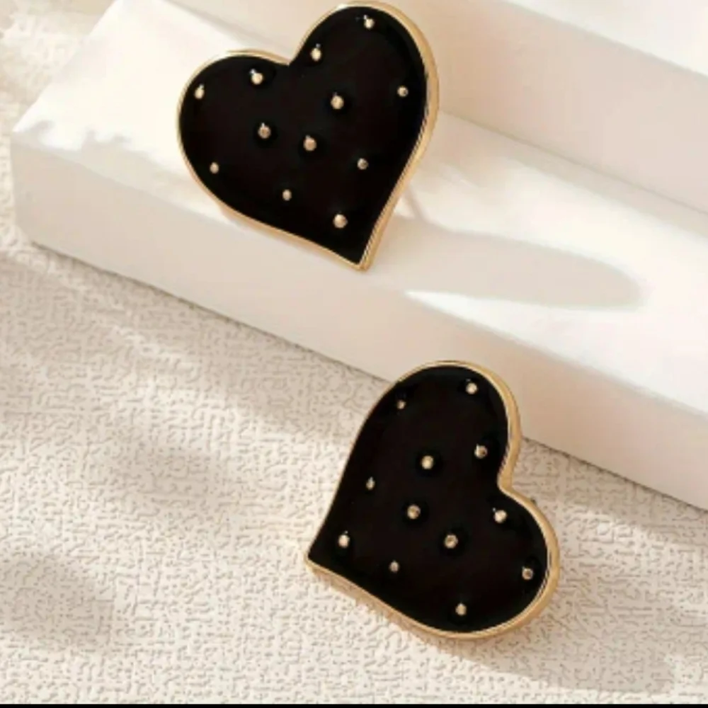 Black Heart With Gold Polkadots Stud Earrings 14k Gold Plated